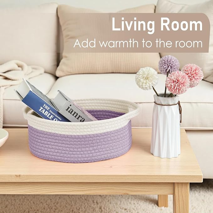 JMvicyroam Woven Basket,Small Rope Storage Bin with Handles & Ribbon Bag, Organizer for Shelves Closets,Gift Basket Empty for Birthday,Books,Dog Toys, White&Purple/2 Pack