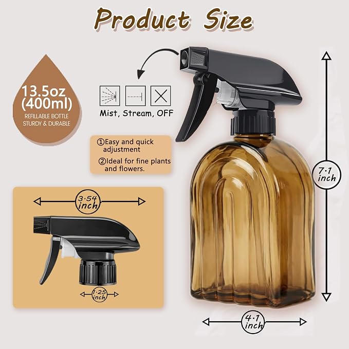 Amber Glass Plant Mister Spray Bottles, 13.5oz Adjustable Nozzle, 2 Pack | 360° rotatable nozzle; lead-free BPA-free thick glass; 13.5oz large capacity for plants, hair, cleaning & pet care