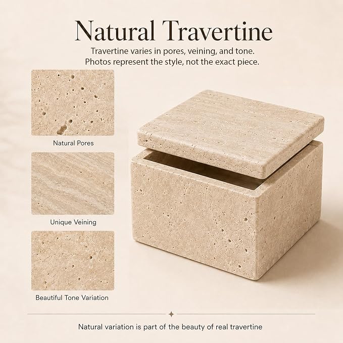 Natural Travertine Square Box with Lid | Natural travertine square box for cotton rounds, balls, jewelry and dry small bathroom items.