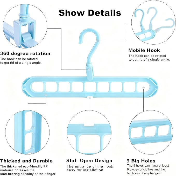 9 Space-Saving Hangers Heavy-Duty PP Plastic Tiered Hanger Organizer with Non-Slip Foldable Design, for Closet (Blue, 10)