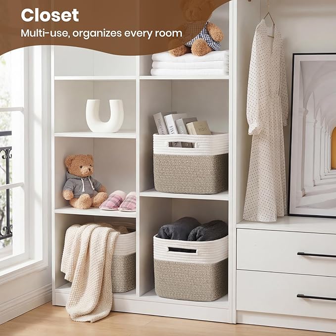 Storage Baskets for Organizing, 14 x 10 x 9” Closet Shelf Woven Baskets, Square Bins with Handles, Cotton Rope Basket for Clothes, Office, Room, White+Rice Brown 4 Pack