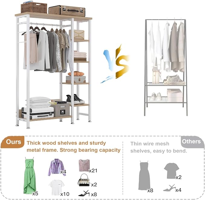 VECELO Open Garment Clothing Rack, Free-Standing Heavy Duty Storage Closet with 5 Shelves and Hanging Rod for Small Spaces, Max Load 350LBS, Nature White