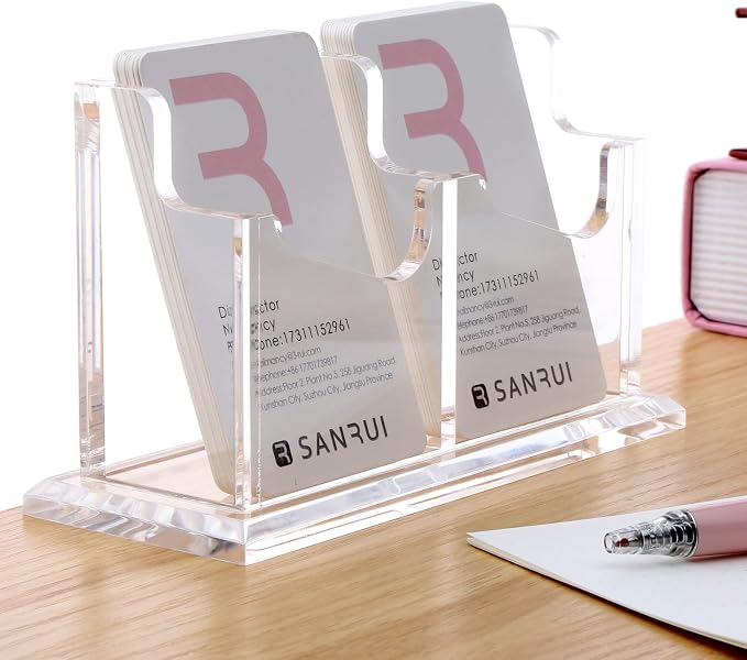 SANRUI Vertical Business Card Holder for Desk，Clear Acrylic Business Card Display Stand，2 Slots 1 Tier ，Holds 100 Cards