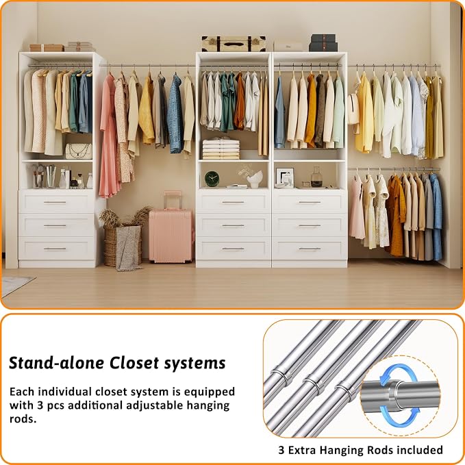 Closet System, 4FT-5FT-8FT Free Standing Closet Organizer With Drawers Wooden, Walk in Closet System with 5pcs Hanging Rods and Shelves Storage, Closet Built in System Wardrobe Organizer, White