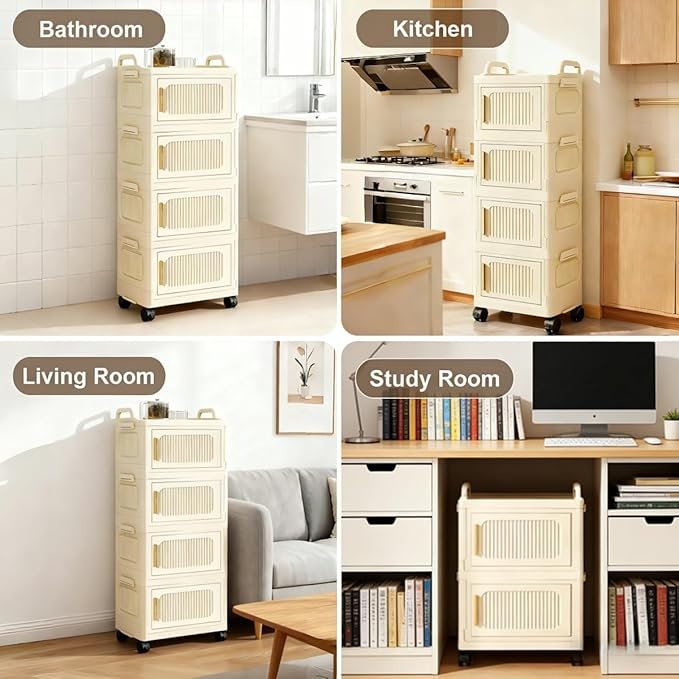 5-Tier Foldable Storage Cabinet with Wheels & Magnetic Doors, Heavy-Duty 23 QT Stackable Storage Bin Organizer, Rolling Cart for Kitchen, Pantry, Dorm