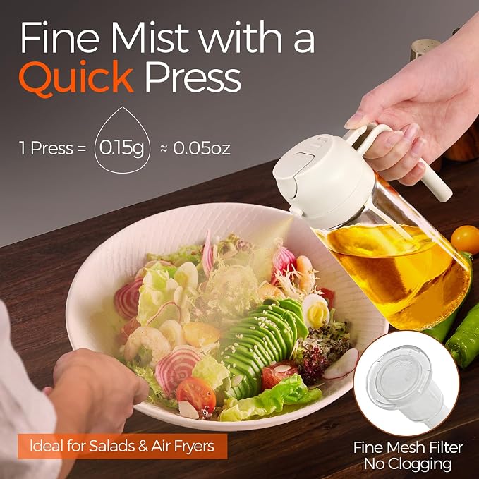 YARRAMATE 2Pcs 16oz/470ml 2 in 1 Oil Sprayer for Cooking with Stickers, Food-grade Glass Oil Spray Bottle, Oil Dispenser and Oil Sprayer for Kitchen, Salad, Frying, BBQ (White & Orange)