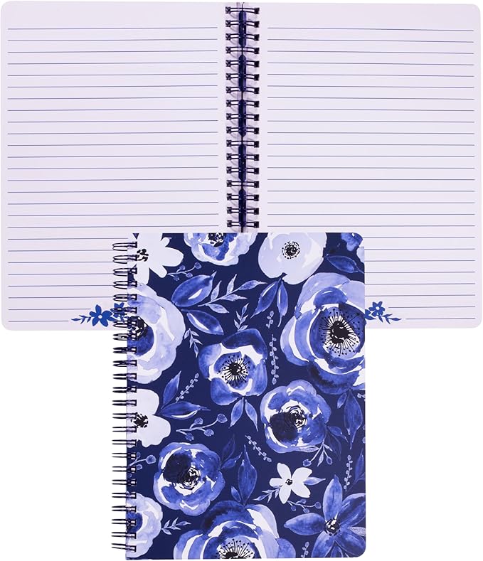 Steel Mill & Co Cute Floral Mini Spiral Notebook, 8.25" x 6.25" Journal with Durable Hardcover and 160 Lined Pages, Blue Watercolor