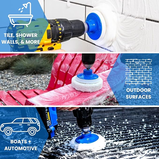 RotoScrub 7 Pack Drill Brush Set for Deep Cleaning, Scratch Resistant, Bathroom, Oven, Countertops, Sinks, Soap Scum, Tile, Boats, Patio Furniture & More | 6 reusable non-scratch white nylon pads for showers, tubs, tile, grout, sinks and counters; fits...
