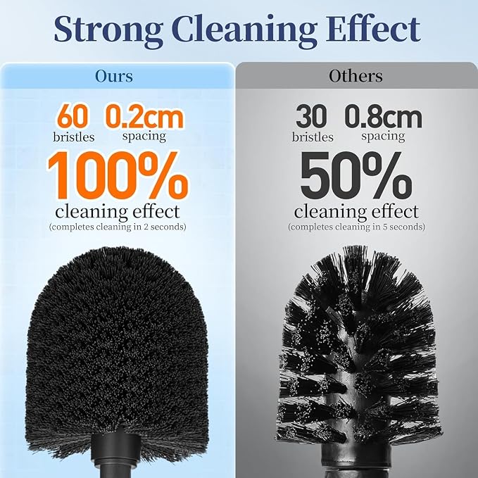 HAMITOR Toilet Bowl Brush Holder Set: Classic Round Bristle Head Deep Cleaning Cleaner Scrubber with Tall Caddy for Restroom - Home Bathroom Decor Accessories - Black 3 Pack