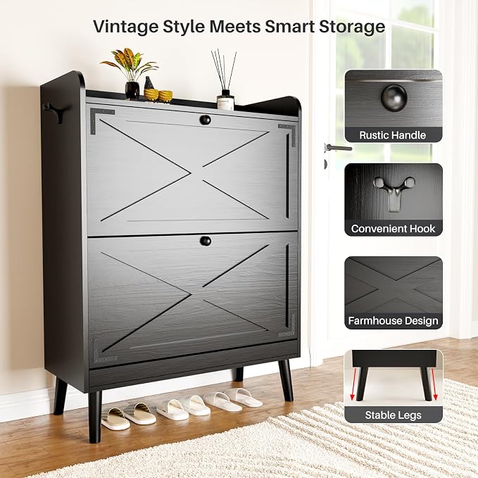 Shoe Storage Cabinet with 2 Flip Drawers, Freestanding Entryway Shoe Cabinet with 2 Side Hooks & Adjustable Shelves Slim Shoe Organizer Cabinet Narrow Shoe Rack for Entrance Hallway Front Door,Black