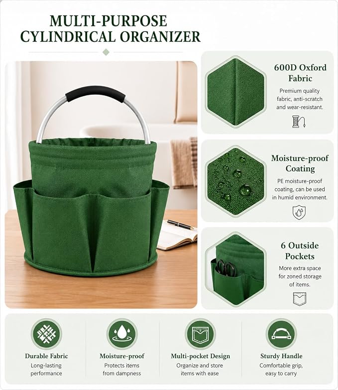 Garden Tool Organizer Tote with Non-Slip Handle – 4.5-Gallon Water-Resistant Bucket Bag with 6 Side Pockets, Portable Gardening and Outdoor Utility Bag for Yard Work, Garage, Beach & Camping