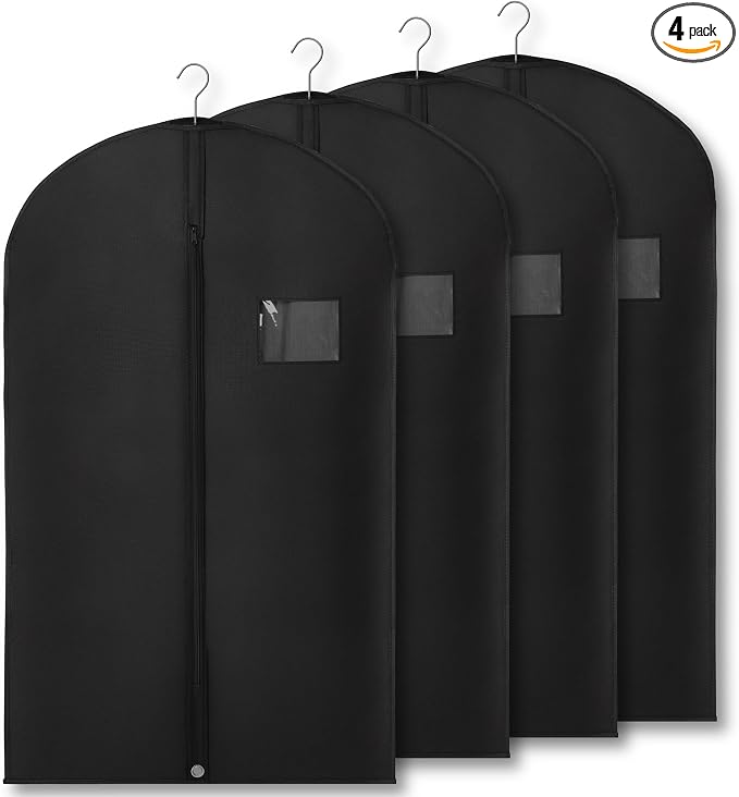 4-Pack Breathable Garment Bags for Hanging Clothes – Dust-Proof Suit & Dress Covers with Clear Window – Waterproof, Foldable Closet Storage Organizer for Coats, Gowns, and Jackets (Black, 40")