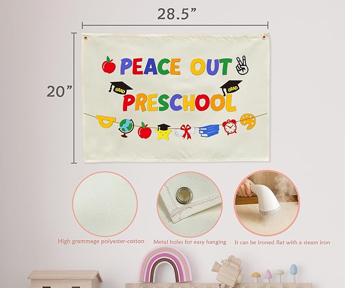Graduation Banner Party Decor-Rectangular Canvas Banner Pennant Poster Wall Sign-Garland for Congratulation Graduation Party Supplies Classroom Front Door Home Decorations-Peace Out Preschool