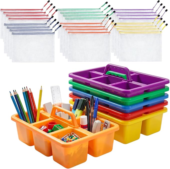 6 Pack Multiuse Caddy Organizer - Classroom Caddy with Handle & 5 Compartments, Portable Plastic Table Caddies Holder for Teacher, Desk, Art, School Supply Storage for Markers, Crayons