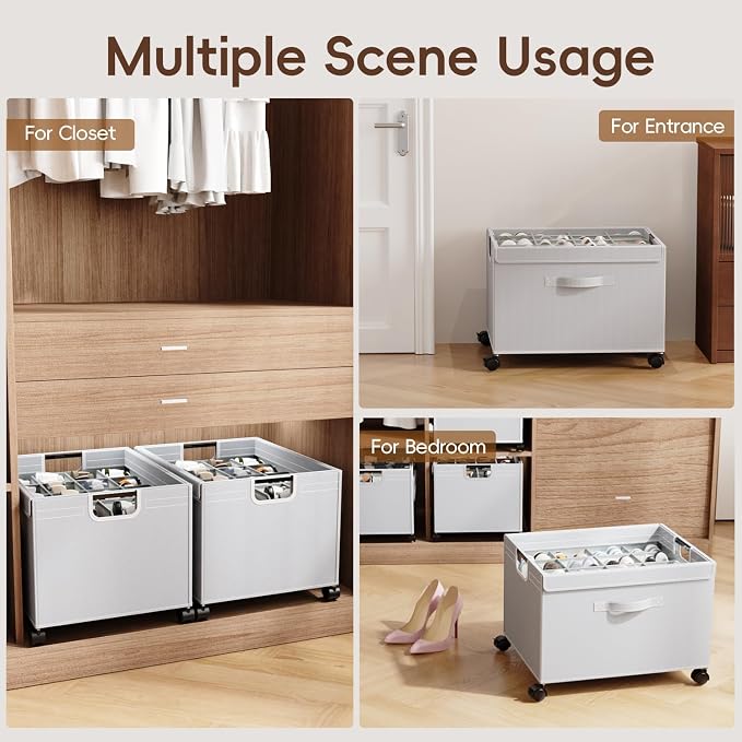 HOUSE AGAIN Shoe Organizer for Closet, Shoe Storage Organizer with Reinforced Metal‑Steel Frame, Lockable Wheels & Clear Cover, Foldable Shoe Box for Closet and Entryway, Grey