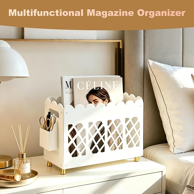 Acrylic Magazine Rack with Handle,Detachable Side Pen Slot,Wave HollowOut Design,Replaceable Anti-Slip Feet,Magazine Rack floor for Stationery File Snack Home Office Organization (White, 13x5.1x8.7")