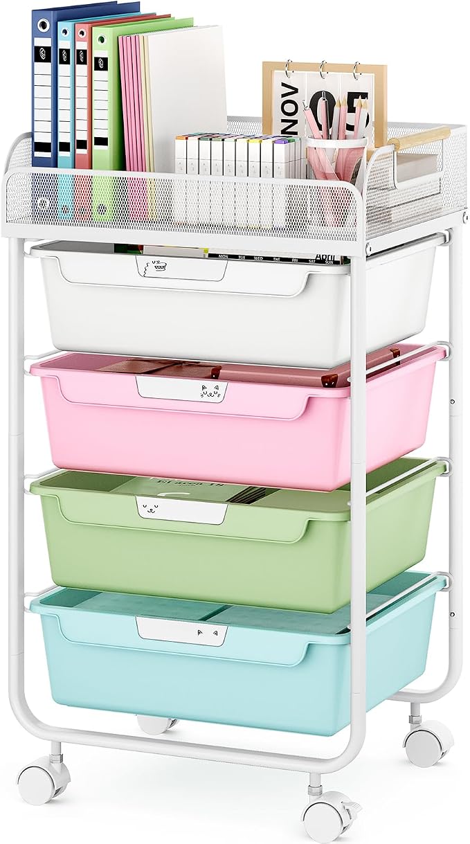 SYKIARIOL Rolling Cart with 4 Drawers,4 Tiers Rolling Utility Cart Craft Cart,Rolling Storage Drawer Cart with Mesh Top,Storage Cart with Drawers & 4 PCS DIY Lable, Classic Colorful