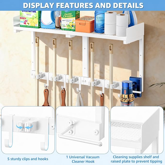 HUFAND Broom Holder Wall Mount, 27" Large Mop and Broom Organizer Wall Hanging with Top Storage Shelf & Vacuum Hook, Heavy Duty Iron Utility Rack for Laundry Room, Garage, Kitchen, Garden - White