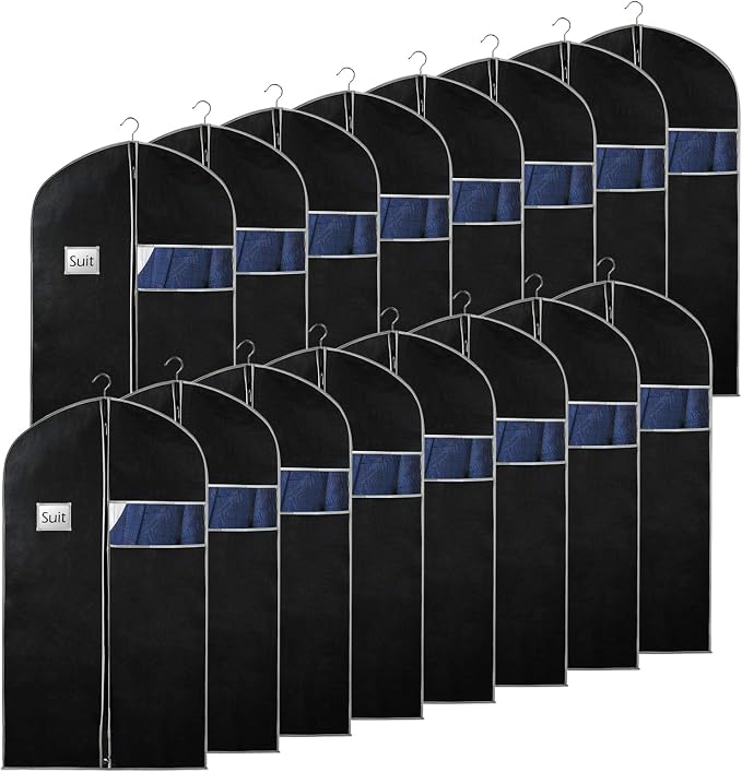 Syeeiex 40"Suit Bag, Set of 16 Garment Bags for Hanging Clothes, Suit Covers Bags for Men or Women, Garment Bags for Storage Suits, Shirts,T-shirts and Jackets on Closet(Black/Grey)