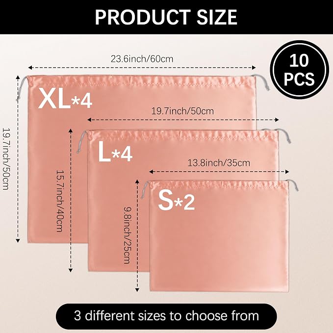 10Pcs Dust Bags for Handbags and Purses,Silk Dust Cover Storage Bag | Drawstring Purse Dust Bag Organizer,Travel Storage Pouch for Handbag Purse Shoes Boots,3 Sizes(Pink)