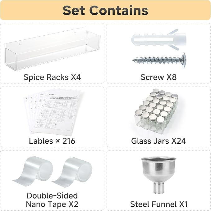 4-Tier Acrylic Wall Mount Spice Rack, Spice Organizer with 24 Glass Jars, 216 Labels & Funnel, Adhesive & Screw Mount Clear Spice Storage for Kitchen Pantry Cabinet, 12”W x 2.2”D x 2.4”H