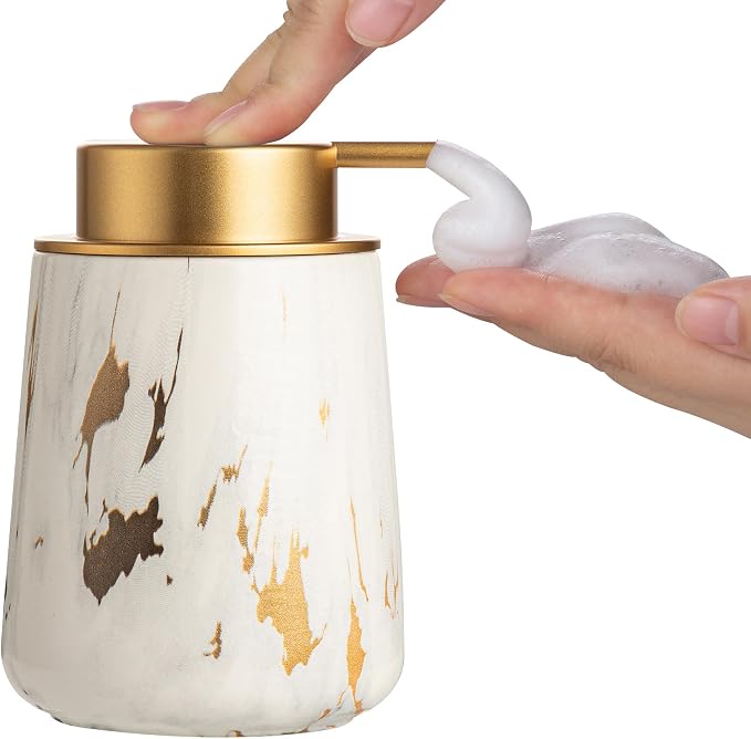 Enra Ceramic Gold Foaming Soap Dispenser,12 oz Marble Foam soap Dispenser Bathroom Refillable Hand Soap Dispenser for Bathroom Kitchen with Easy-to-Press Pump (Glod Foam Type)