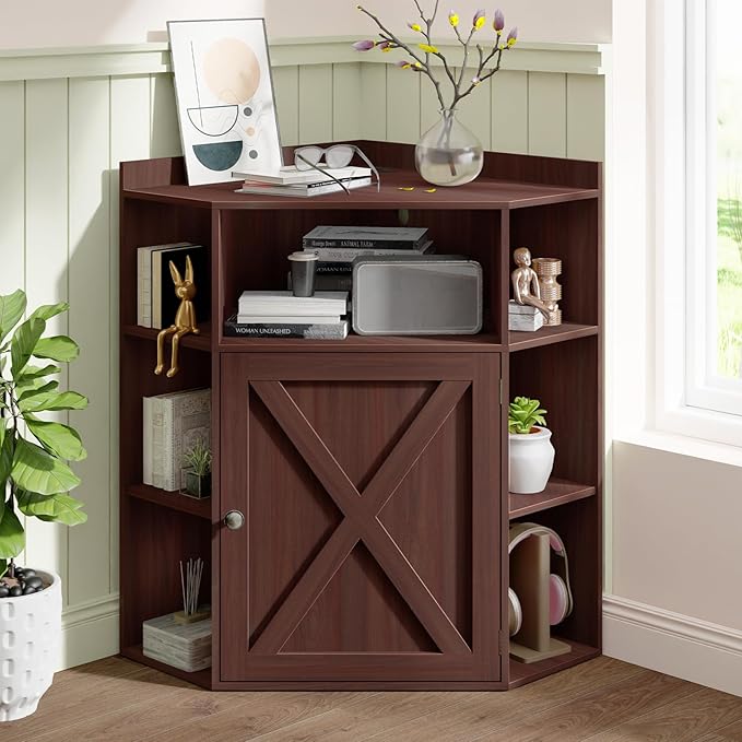 Corner Cabinet, Corner Storage Shelf with USB Ports and Outlets Industrial Organizer for Small Space Wooden 6-Cubby Bookshelf for Study, Playroom, Living Room (Dark Brown)