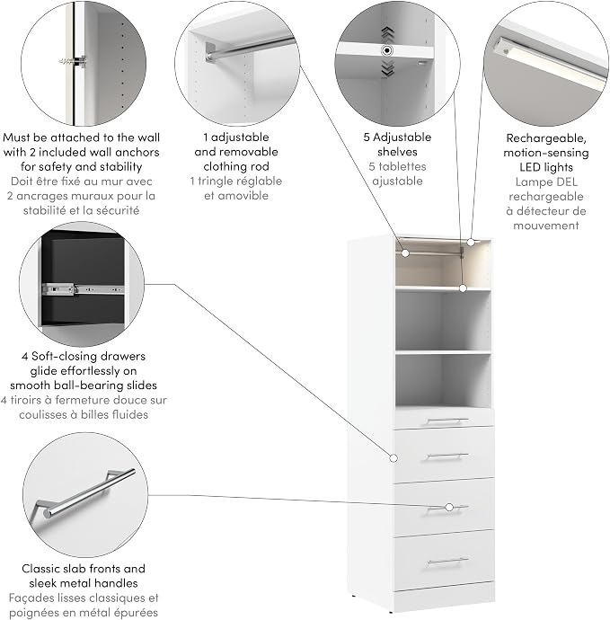 Bestar 25W x 25D Modular Closet Organizer System Tower, Reach-in Closet or Walk-in with LED Light, Shelves, and 4 Drawers, Slab Style, Florence Collection, White