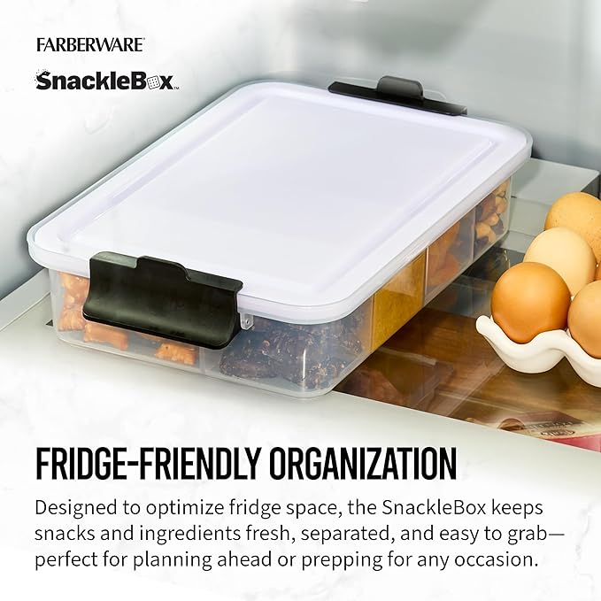 Farberware Snacklebox 7.8 x 12.7 Inch Plastic Cutting Board Lid with 7 Compartments and Locking Handles - Portable Snack Organizer for Charcuterie, Travel, Picnics, and On-the-Go Snacking