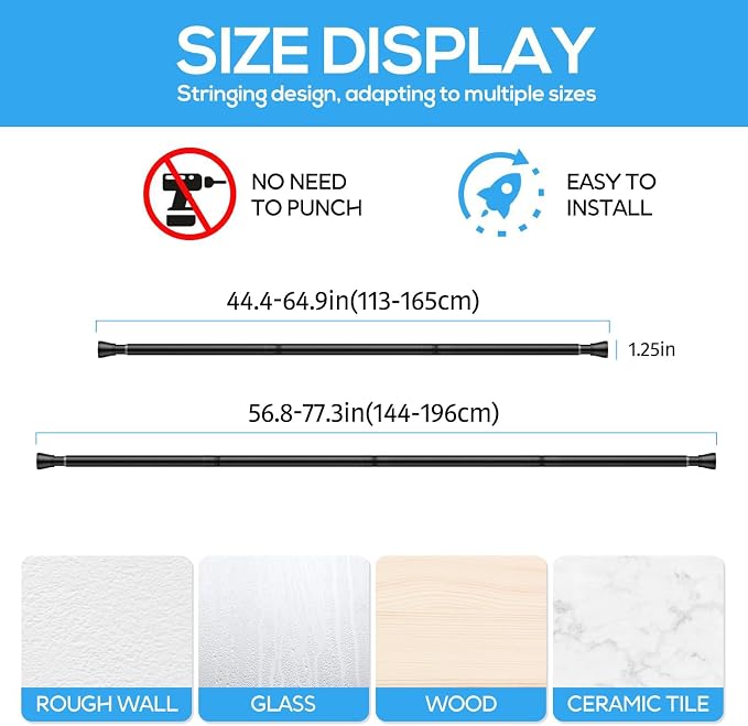 2 Pack Spring Tension Rods 45-77IN, 7/8 Inch Diameter Black No Drill Spring Loaded Adjustable Extendable, Small Short Tension Curtain Rod for Windows Kitchen Doorway Closet Cupboard