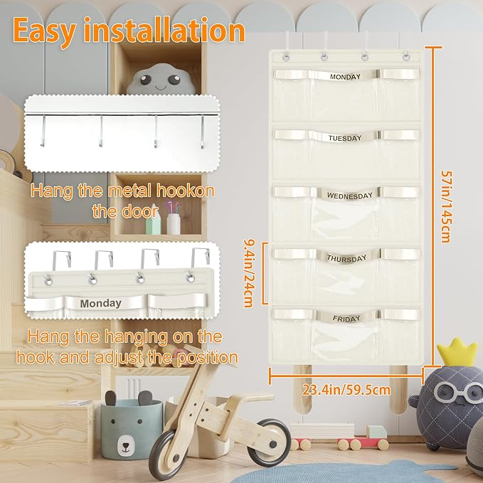 Weekly Hanging Closet Organizer for Kids,Day of Week Kids Clothes Organizer,School Clothing Storage Monday to Friday Hanging Closet Organizer Shelves for Bedroom,Bathroom,Dorm (Beige)