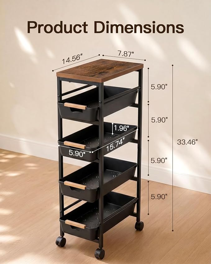 Pipishell Slim Rolling Storage Cart with Drawers & Lockable Wheels, 5 Tier Kitchen Cart with Safety Stops & Vented Design, Wood Top, Pull-Out Utility Cart for Kitchen, Bathroom, Laundry Room, Black