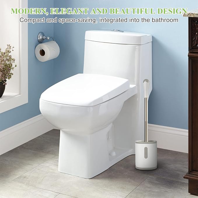 AONEZ Compact Toilet Brush & Holder, Stainless Steel Handle, Space Saving for Storage, Deep Cleaning, Drip-Proof, Easy to Assemble, Nylon Bristles, White & Grey