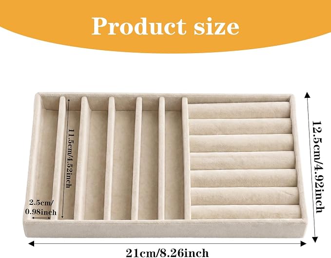 Stackable Velvet Tray Jewelrys Storage Organizers Jewelry Box Insert Organizer for Drawer Jewelry Drawer Organizer Inserts Ring Earring Stud Necklace Holder Display Storage Case (Beige, 8.3 x 4.9in)