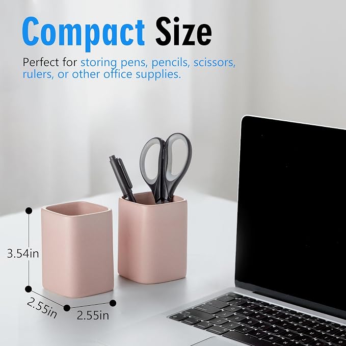 Ceramic Pen Holder Set of 2, Matte Square Pencil Cup for Desk, Heavyweight Stoneware Desk Organizer for Office Front Desk & Vanity, Modern Pen Cups Holder, Non-Slip Base - Matte pink