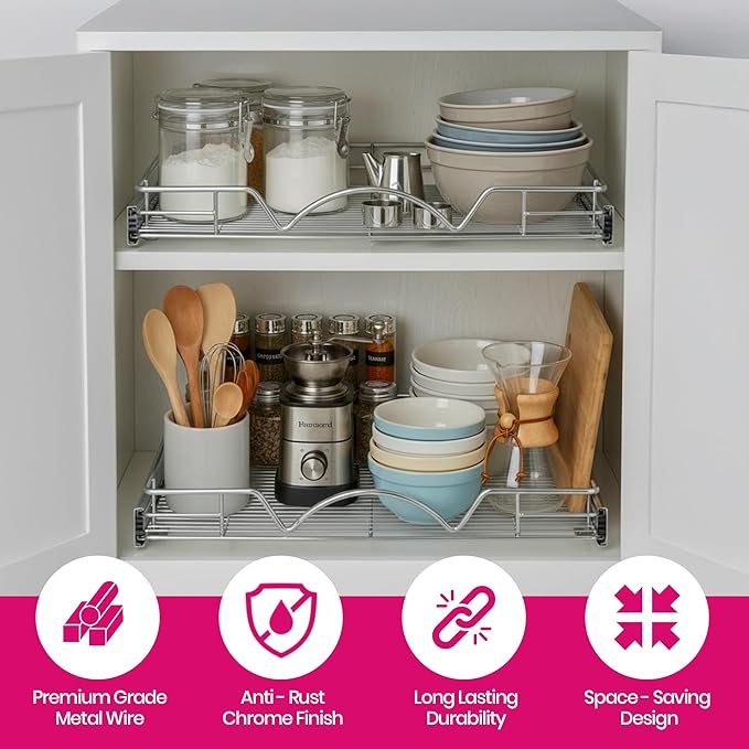 HOLDN’ STORAGE Pull Out Cabinet Organizer, 22”W x 21”D Cabinet Drawer | Heavy-Duty Caddy, Lifetime Limited Warranty, Steel Metal Cabinet Drawers, Chrome, Requires At Least 23-1/4” Cabinet Opening