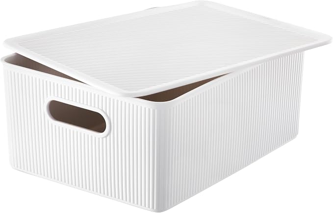 Decorative Plastic Basket Lidded Home Storage Bins Organizer Baskets, Large White (1 Pack - 15 Liter) Stackable Container Box, for Organizing Closet Storage Bins for Shelves - Ribbed Collection