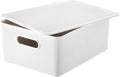 Decorative Plastic Basket Lidded Home Storage Bins Organizer Baskets, Large White (1 Pack - 15 Liter) Stackable Container Box, for Organizing Closet Storage Bins for Shelves - Ribbed Collection