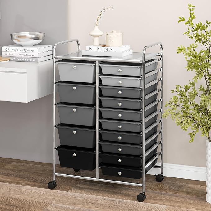 COSTWAY 15 Drawer Rolling Storage Cart, Mobile Storage Organizer | Removable Drawers & Metal Frame, Multipurpose Utility Tools Paper Organizer on Wheels for Home, Office (Mixed Black)
