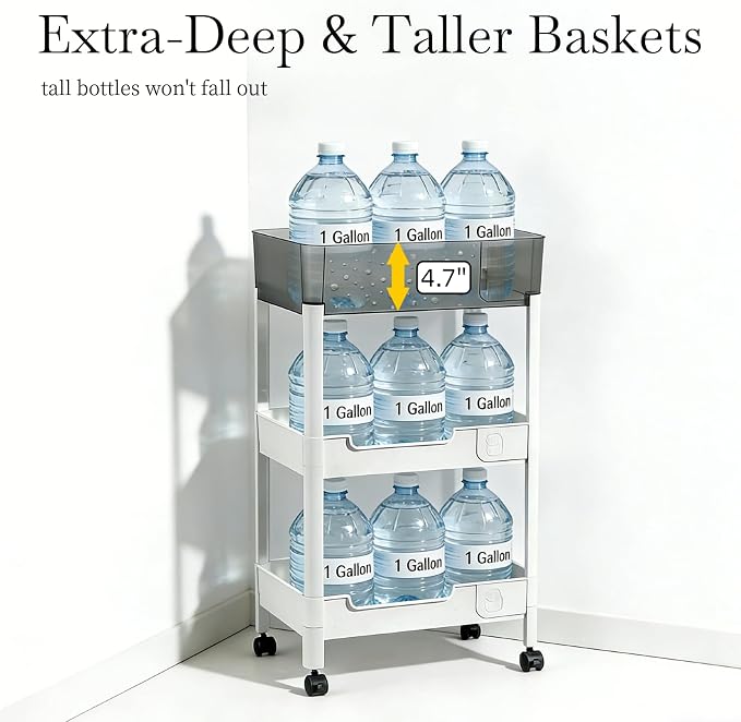 3 Tier Rolling Cart with Wheels 4.7'' Deep Baskets Bathroom Storage Shelf Heavy Duty Plastic Bedside Cart, Large Capacity Snack Stand Diaper Caddy Laundry Room Kitchen Organizer, White