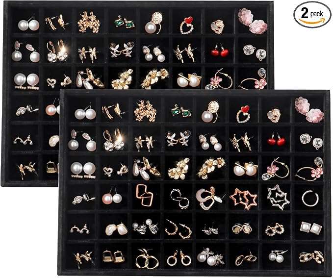 Large Velvet Jewelry Tray 2 Pack Stackable Jewelry Display Drawer Inserts Trays Organizer for Earring Bracelet Necklace Ring (Black, 48 Grids)