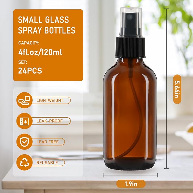 Jaisie.W 4 oz Amber Glass Spray Bottles 24 Pack, Leakproof Small Refillable | Containers for Perfumes, Cleaning Products, Pet, Essential Oils - Empty Travel Size Bottles for Hair,Plants, Premium Sprayers