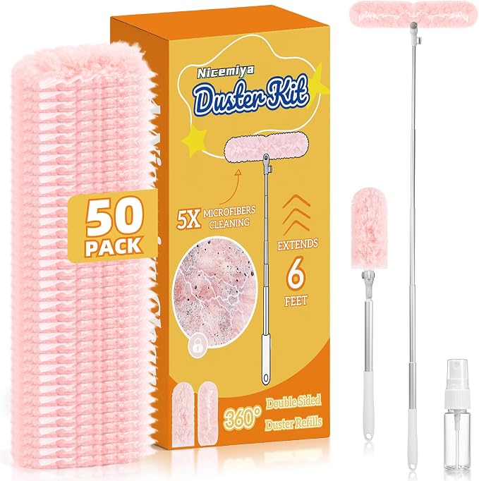 50 PCS Duster Refills with 6 FT Extendable Handle, Heavy Duty Duster Refills Kit Compatible with Swiffer, 360 Disposable Microfiber Duster Pads for Ceiling Fan, Blind & Hard to Reach Areas Cleaning