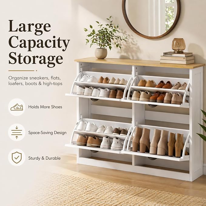 Shoe Storage Cabinet for Entryway, 16-24 Pairs Farmhouse Slim Shoe Cabinet with 4 Flip Drawers, Adjustable Shelves & Anti-Tipping Freestanding White Shoe Organizer for Small Space Hallway Apartment
