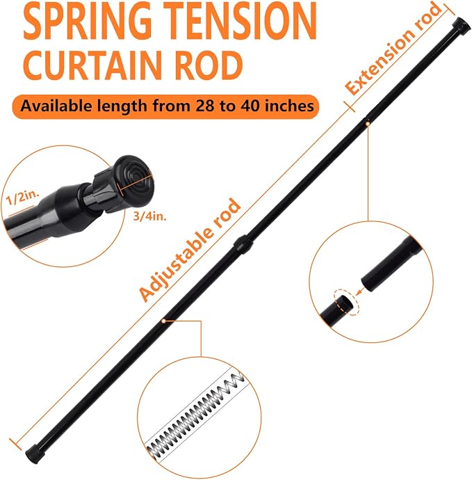 KXLife Spring Tension Curtain Rod for Window Adjustable 28-40", 6Pcs | Black, No Drilling, Expandable Spring Loaded, Drapery Rod for Home Decor, Window, Doorway