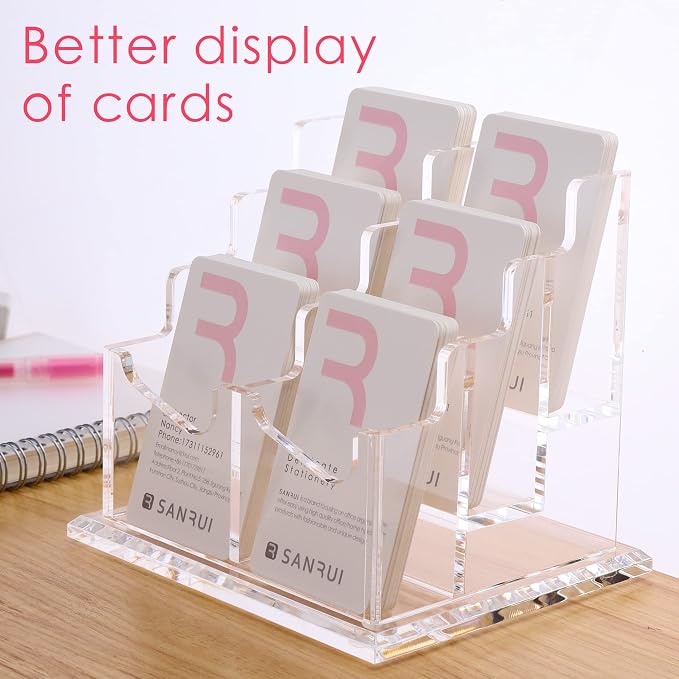 SANRUI Vertical Business Card Holder for Desk，Clear Acrylic Business Card Display Stand，6 Slots 3 Tier ，Holds 300 Cards