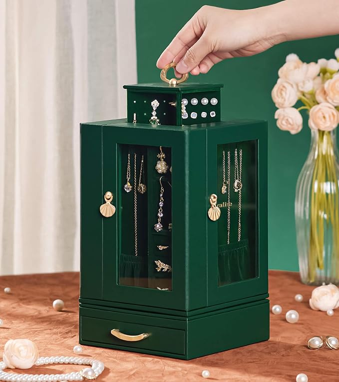 Enthralite Luxury Jewelry Box for Women: 360° Rotating with Clear Window | Compact Jewelry Storage with Drawer - Necklace Ring Organizer with Compartments - Elegant Earring Holder Display Great Gift