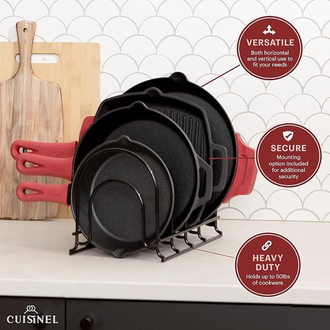Cuisinel Heavy Duty Pan Organizer - 5 Tier Rack - Holds 50 LB - Holds Cast Iron Skillets, Griddles and Shallow Pots - Durable Steel Construction - Space Saving Kitchen Storage - No Assembly Required