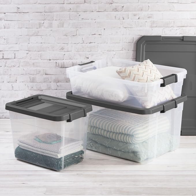 Sterilite 12-Pack Modular Stacker Box, Durable Clear Plastic Storage Bins with Latching Lids, 16 Quart - Stackable Organizing Container Boxes for Closet, Bathroom, and Office