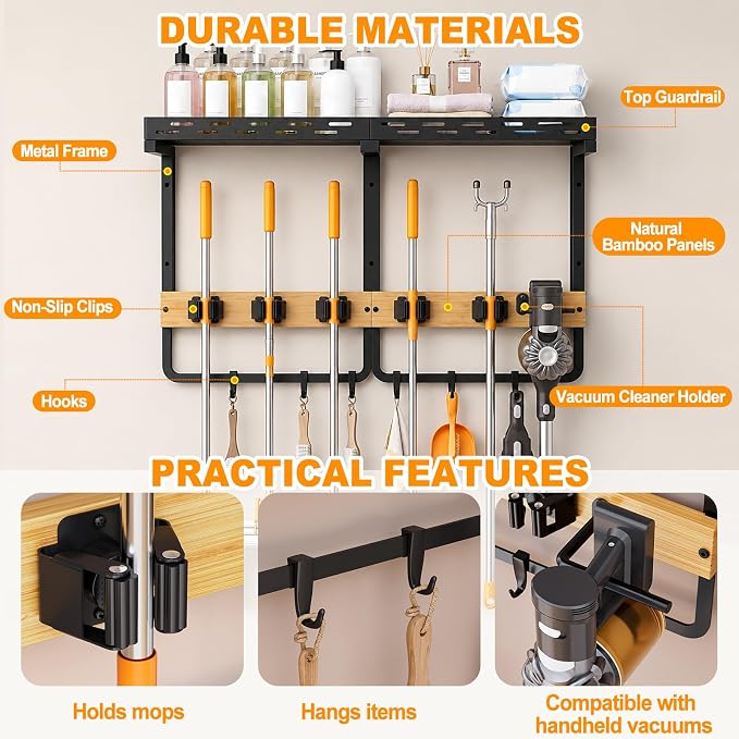Large Broom Holder Wall Mount with Shelf, Mop Tool Organizer | 5 grippers, 6 hooks, vacuum slot, bamboo board, spray bottle tray, garage utility use